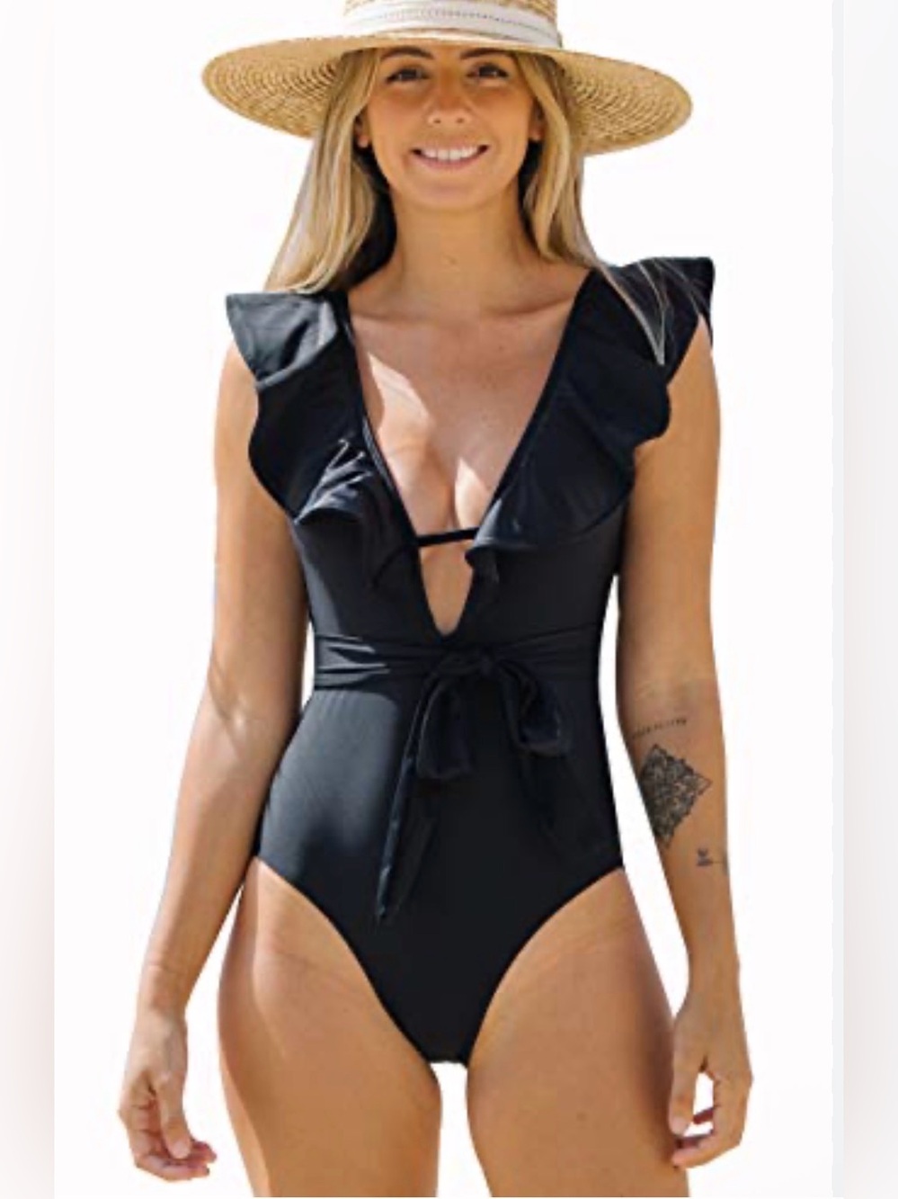 Sporlike Black Ruffle V-Neck One-Piece Swimsuit with Waist Tie